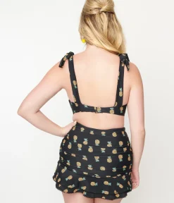 Unique Vintage Swim Tops|Two Piece Swim>Black & Pineapple Print Totally Tied Up Swim Top