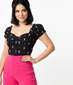 Unique Vintage All Things Pink>Black & Pink Flamingo Sweetheart Loretta Top