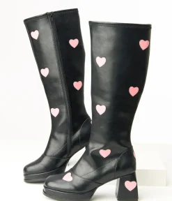 Unique Vintage Boots|All Things Pink>Black & Pink Hearts Leatherette Knee High Boots