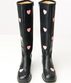 Unique Vintage Boots|All Things Pink>Black & Pink Hearts Leatherette Knee High Boots