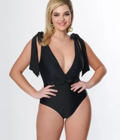 Unique Vintage One Piece Swim>Black Plunge One Piece Swimsuit