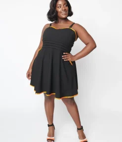 Unique Vintage Fit & Flare|Pocket Dresses>Black & Pumpkin Trim Follow Your Heart Fit & Flare Dress