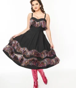 Unique Vintage Swing|Everyday Dresses>Black & Rainbow Fringe Girlie Swing Dress