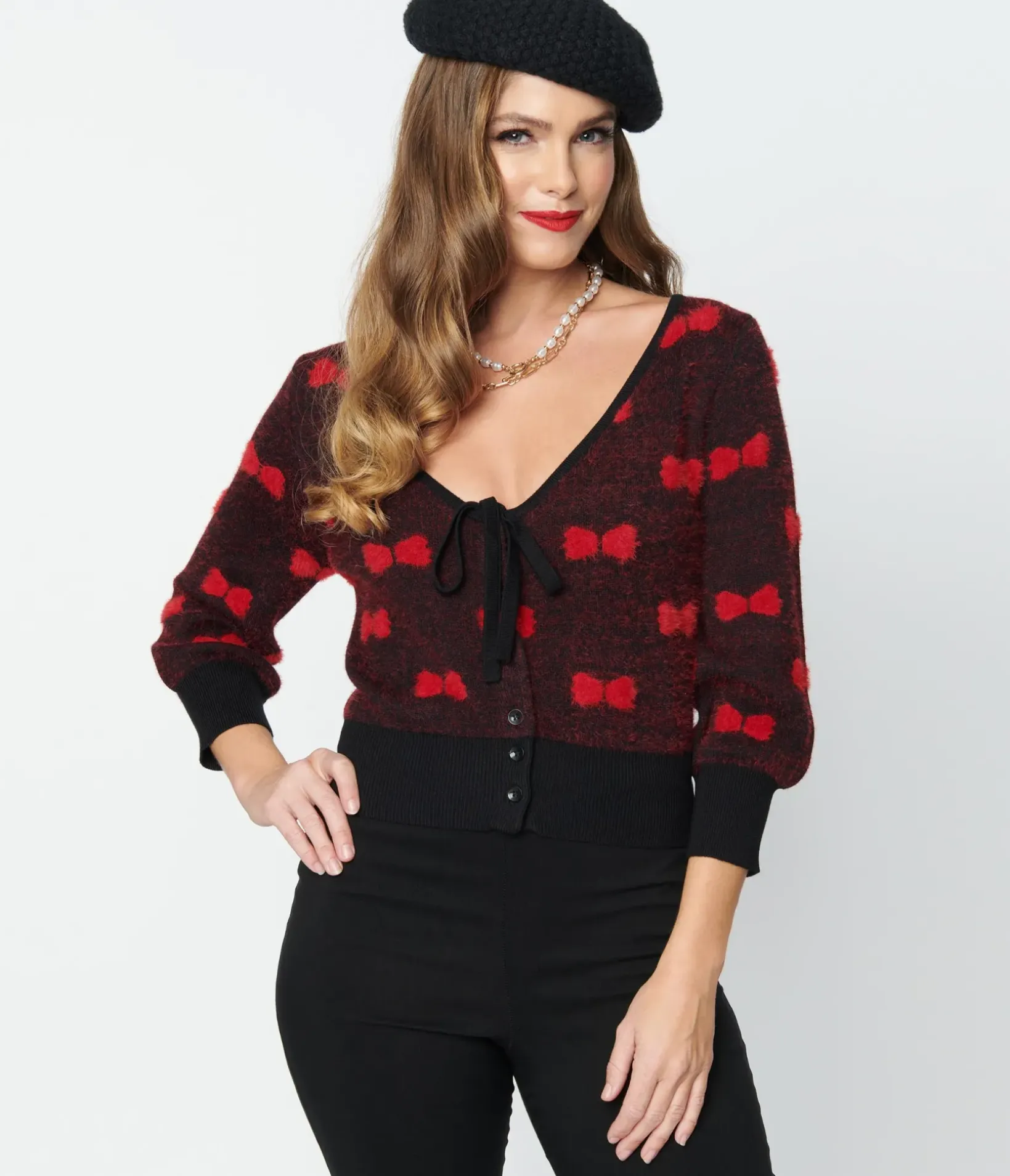 Unique Vintage Sweaters & Cardigans|All Things Red>Black & Red Bows Dandy Cardigan