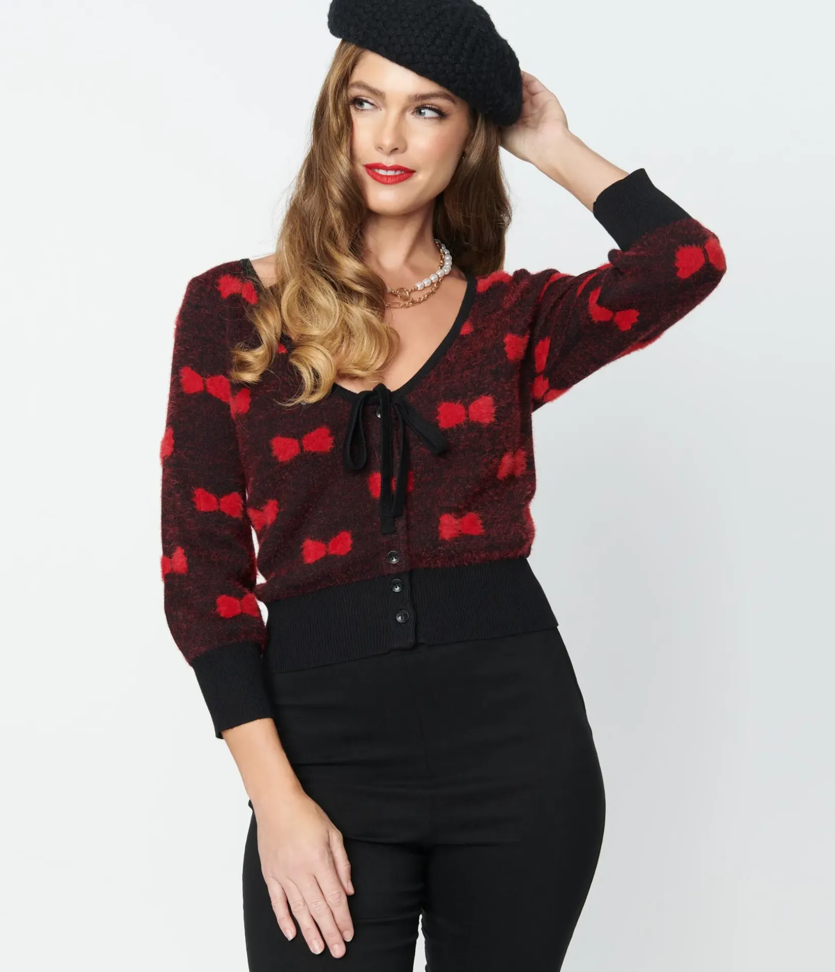 Unique Vintage Sweaters & Cardigans|All Things Red>Black & Red Bows Dandy Cardigan