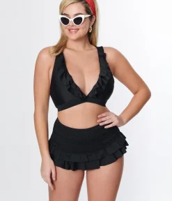 Unique Vintage Swim Tops|Two Piece Swim>Black Ruffle Halter Swim Top
