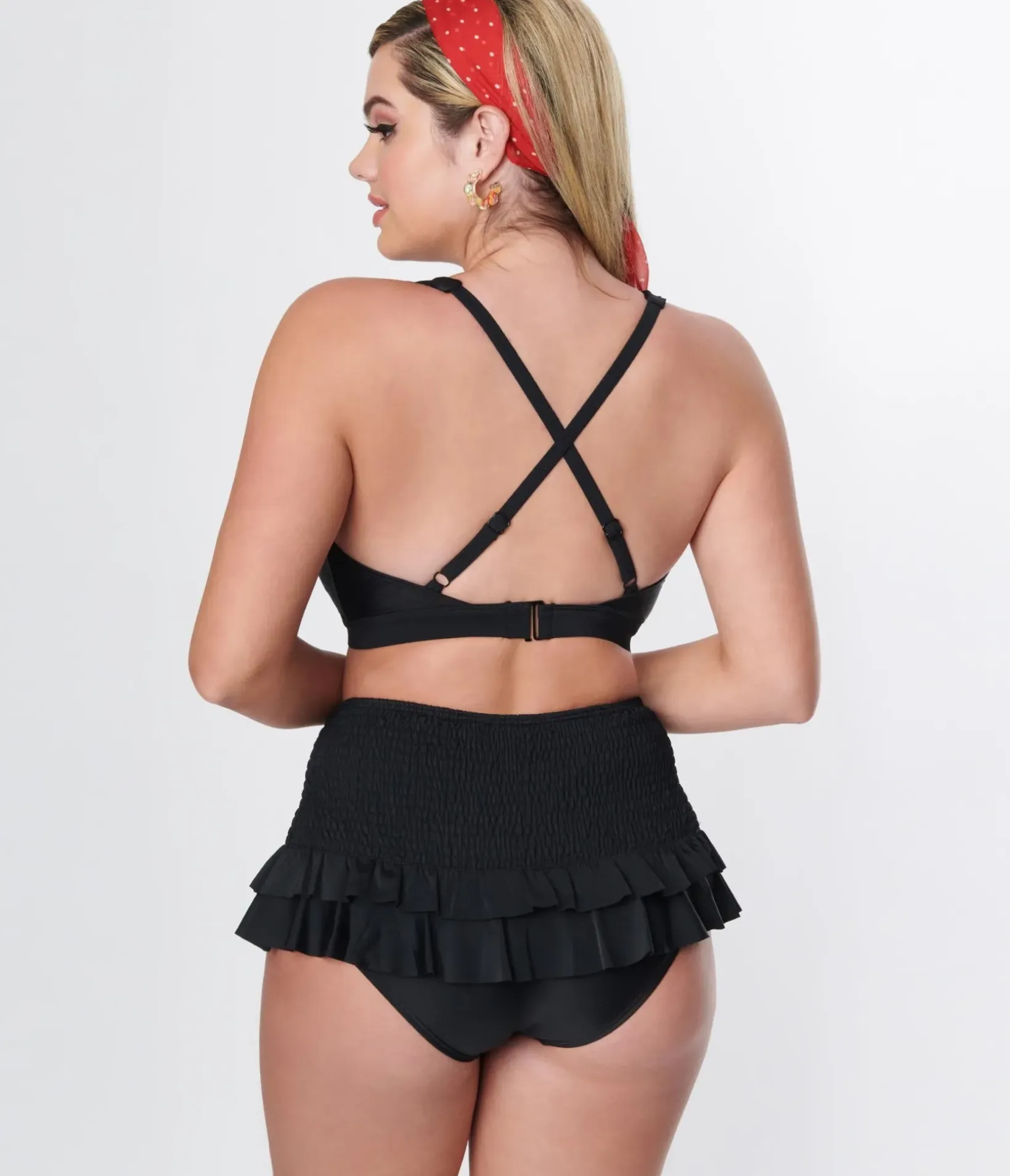 Unique Vintage Swim Tops|Two Piece Swim>Black Ruffle Halter Swim Top