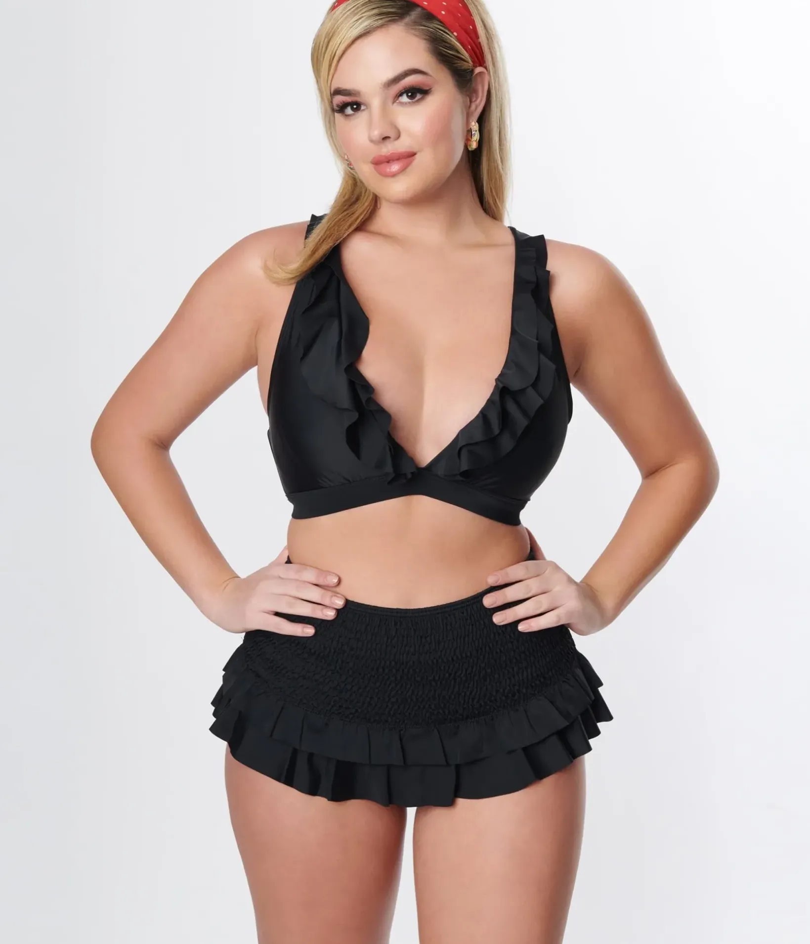 Unique Vintage Swim Tops|Two Piece Swim>Black Ruffle Halter Swim Top