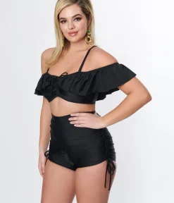 Unique Vintage Swim Tops|Two Piece Swim>Black Ruffle Swim Top