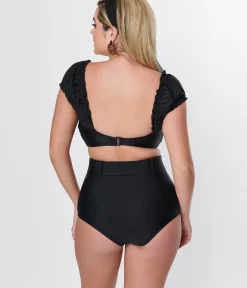 Unique Vintage Swim Tops|Two Piece Swim>Black Shirred Bow Bandeau Swim Top