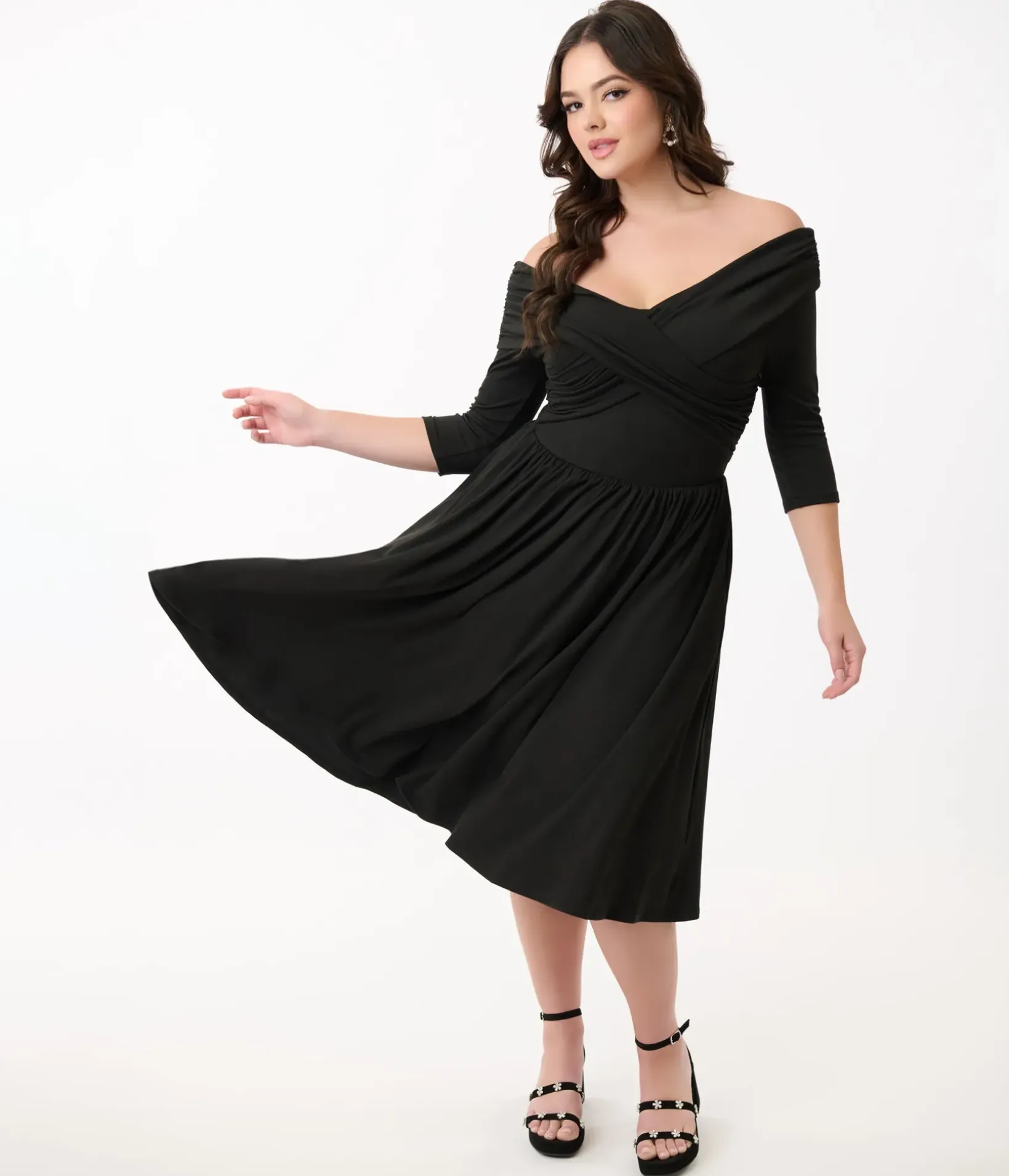 Unique Vintage Swing|Pocket Dresses>Black Shirred Off Shoulder Swing Dress