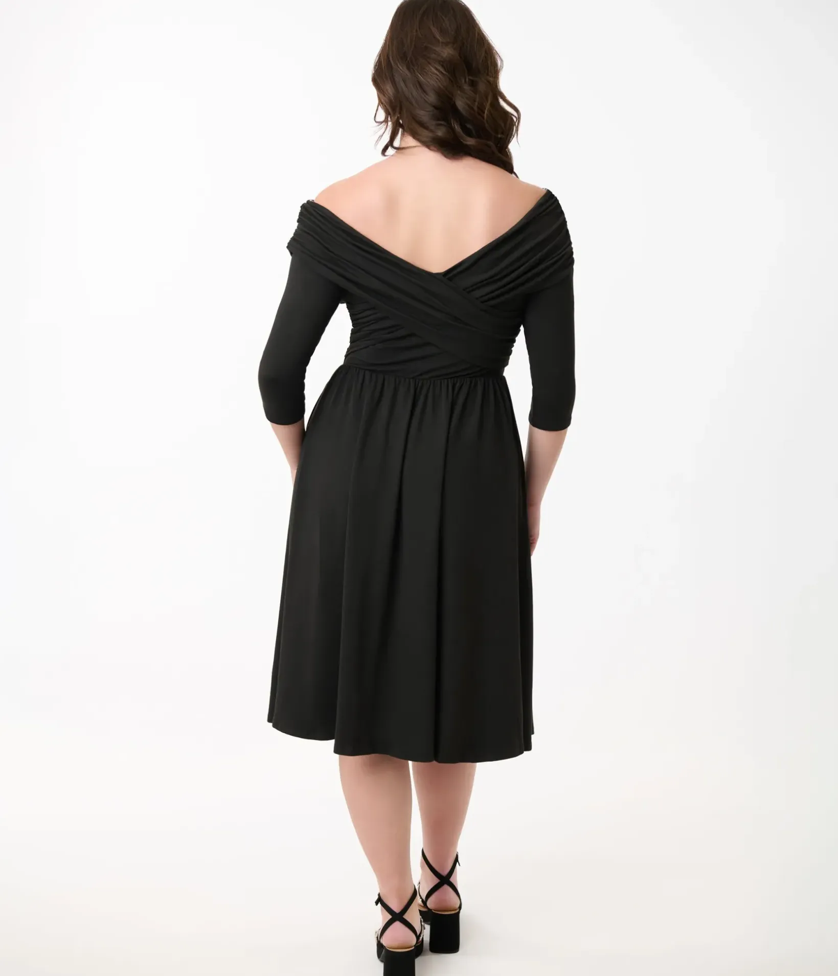 Unique Vintage Swing|Pocket Dresses>Black Shirred Off Shoulder Swing Dress