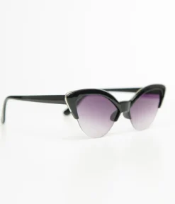 Unique Vintage All Things Black|Honeymoon Outfits>Black & Silver Half Rim Cat Eye Sunglasses
