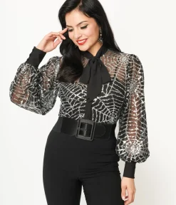 Unique Vintage Blouses|All Things Black>Black & Silver Sequin Spiderweb Sheer Gwen Blouse