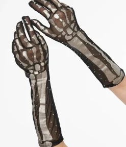 Unique Vintage All Things Black|Halloween>Black & Silver Skeleton Rhinestone Gloves