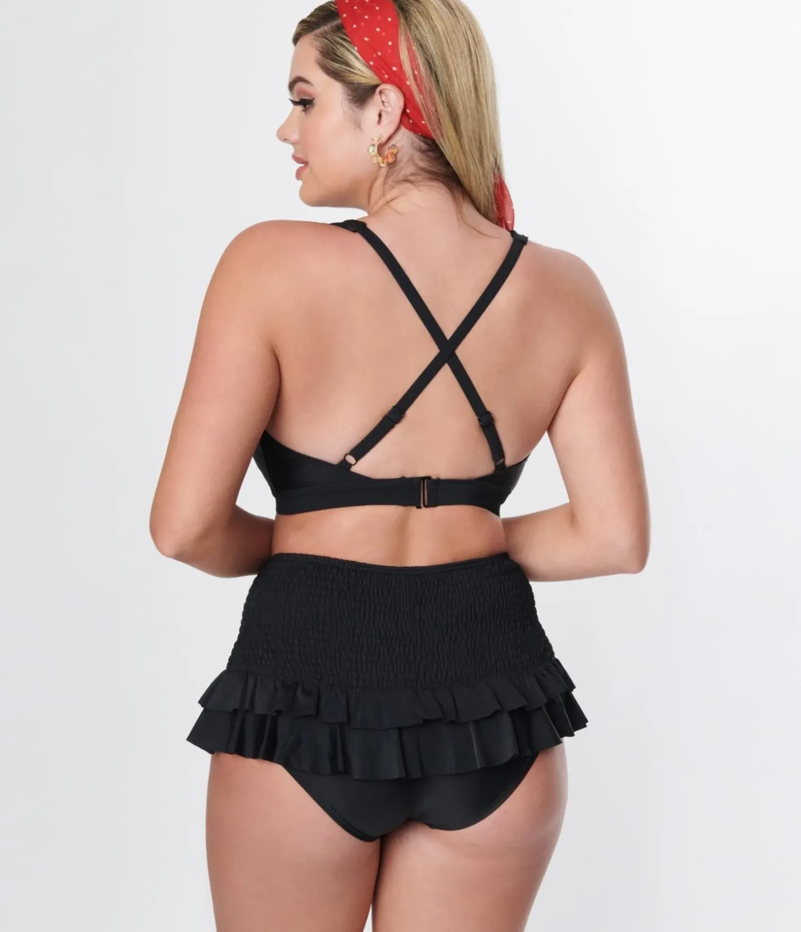 Unique Vintage Swim Bottoms|Two Piece Swim>Black Smocked Ruffle Swim Bottom