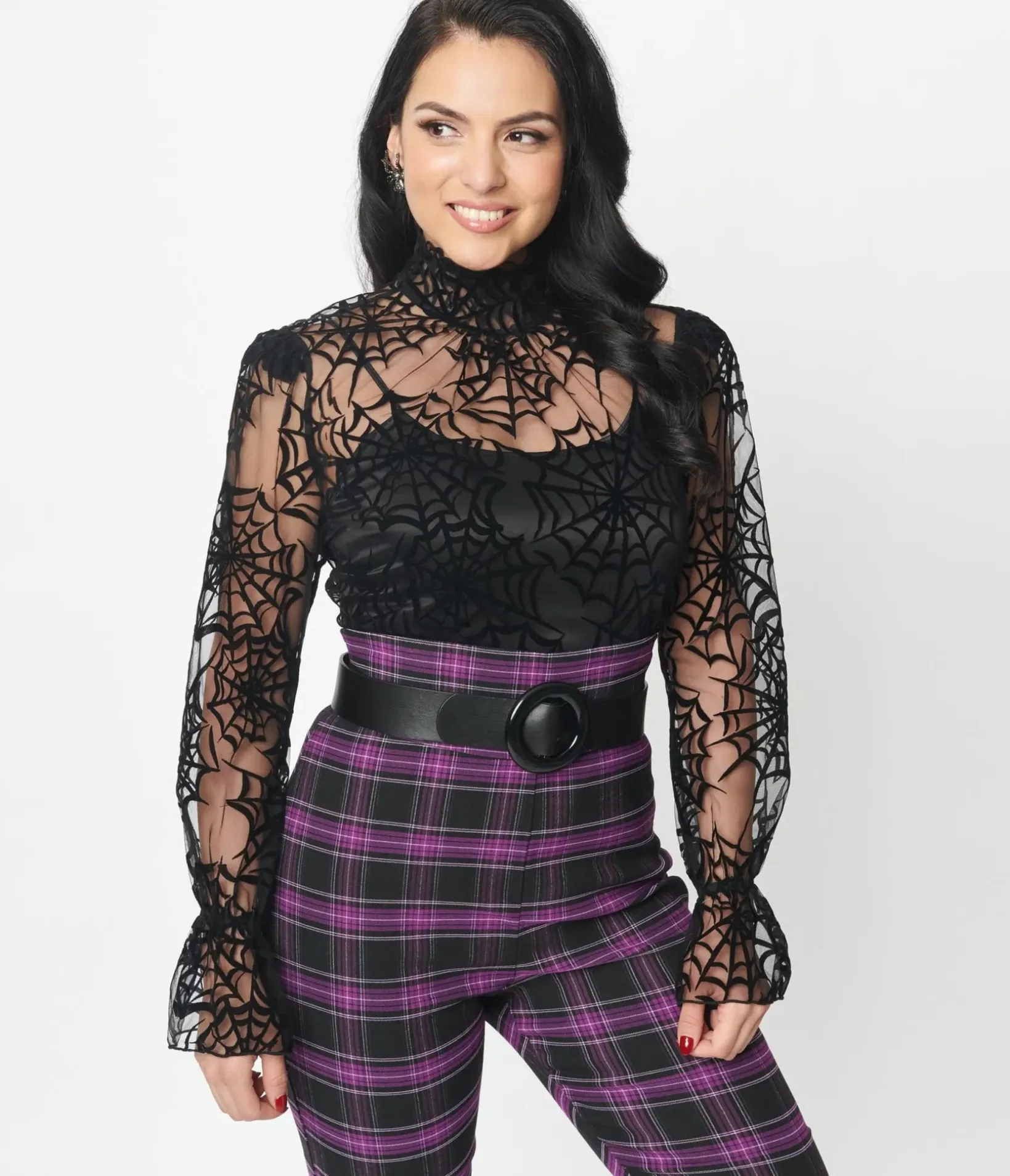 Unique Vintage All Things Black|Halloween>Black Spiderweb Flocked Donna Blouse