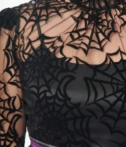 Unique Vintage All Things Black|Halloween>Black Spiderweb Flocked Donna Blouse