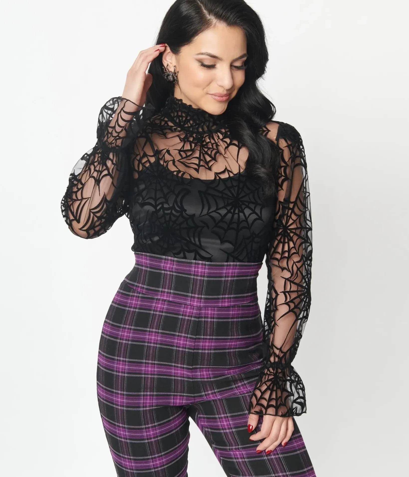 Unique Vintage All Things Black|Halloween>Black Spiderweb Flocked Donna Blouse