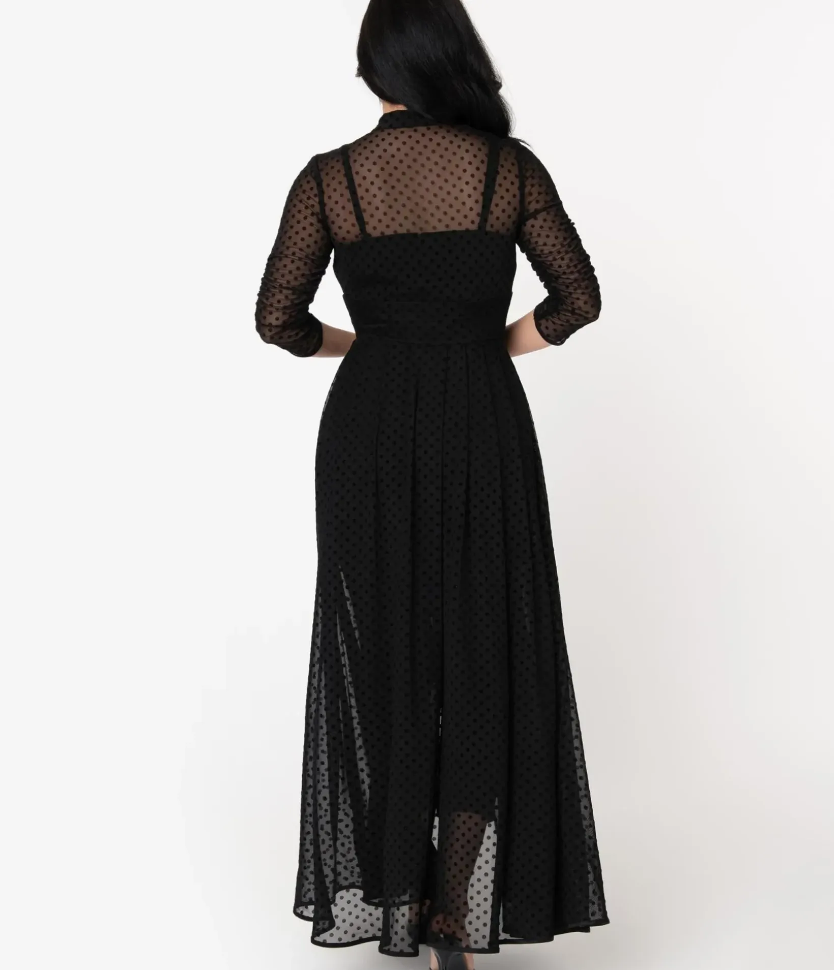 Unique Vintage Maxi|All Things Black>Black Swiss Dot Starlet Duster