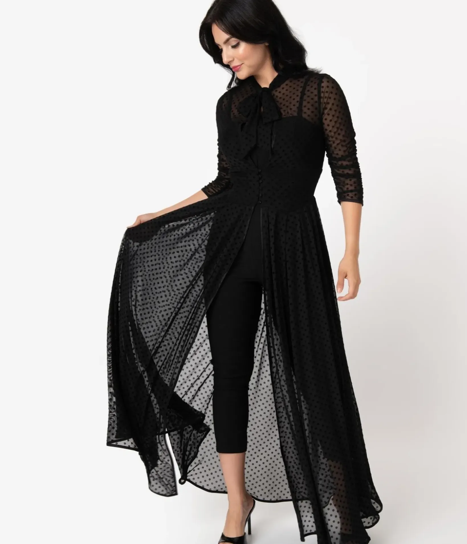 Unique Vintage Maxi|All Things Black>Black Swiss Dot Starlet Duster