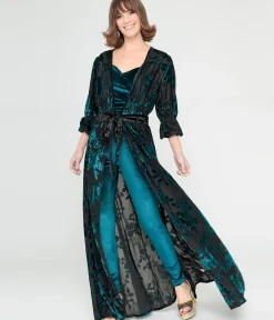 Unique Vintage Maxi|All Things Black>Black & Teal Floral Velvet Burnout Duster