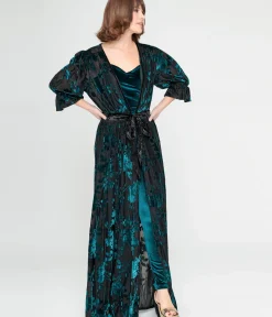 Unique Vintage Maxi|All Things Black>Black & Teal Floral Velvet Burnout Duster