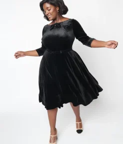 Unique Vintage Swing|Pocket Dresses>Black Velvet Faux Bow Devon Swing Dress