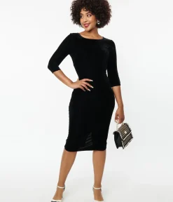 Unique Vintage Pencil|Everyday Dresses>Black Velvet Sleeved Mod Wiggle Dress