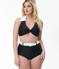 Unique Vintage Swim Bottoms|Two Piece Swim>Black & White Belted Swim Bottoms