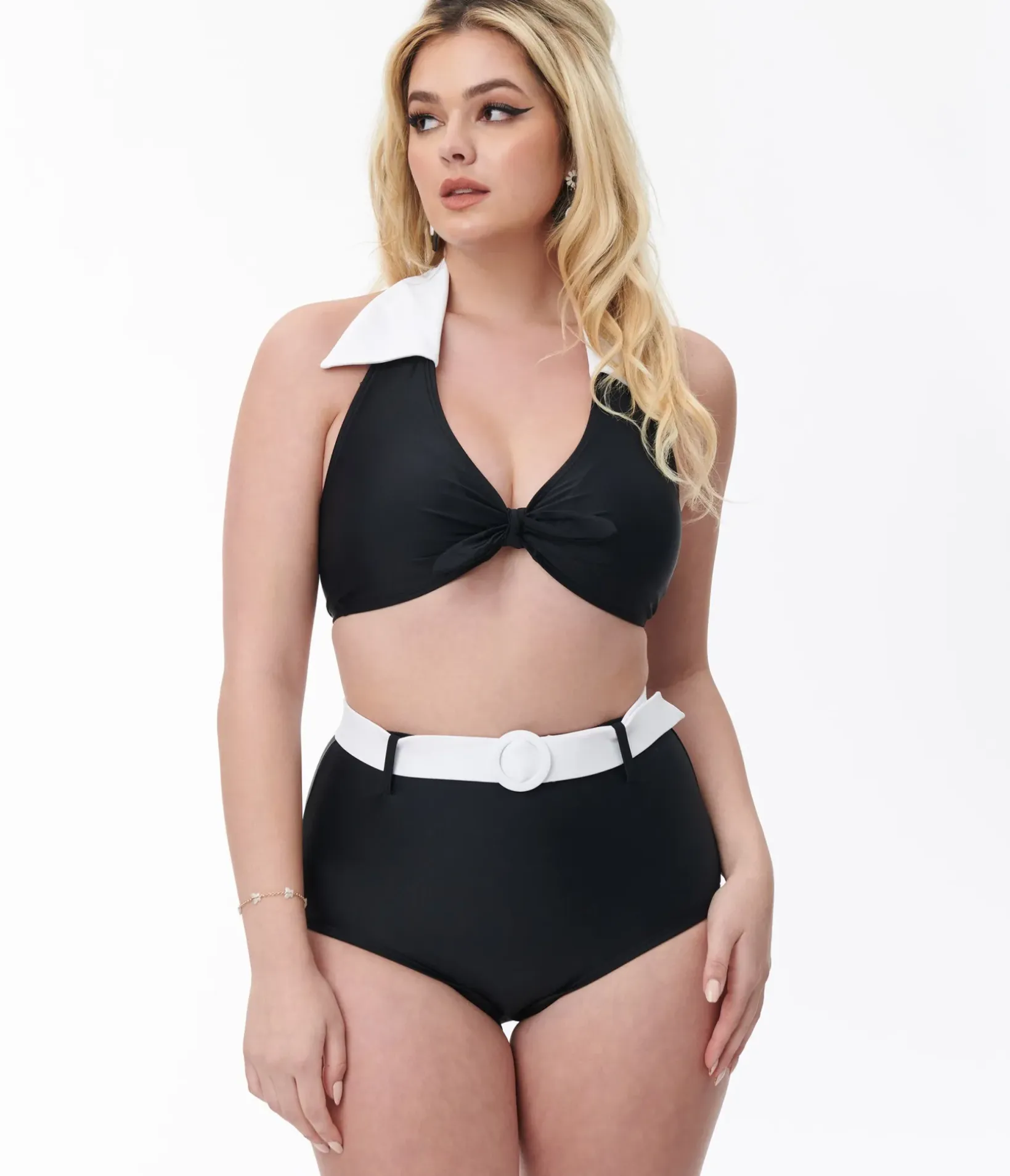 Unique Vintage Swim Bottoms|Two Piece Swim>Black & White Belted Swim Bottoms