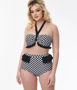 Unique Vintage Swim Tops|Two Piece Swim>Black & White Bias Gingham Twist Front Halter Swim Top