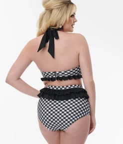 Unique Vintage Swim Tops|Two Piece Swim>Black & White Bias Gingham Twist Front Halter Swim Top