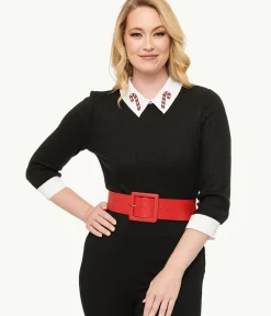 Unique Vintage Sweaters & Cardigans>Black & White Candy Cane Print Contrast Sabrina Sweater
