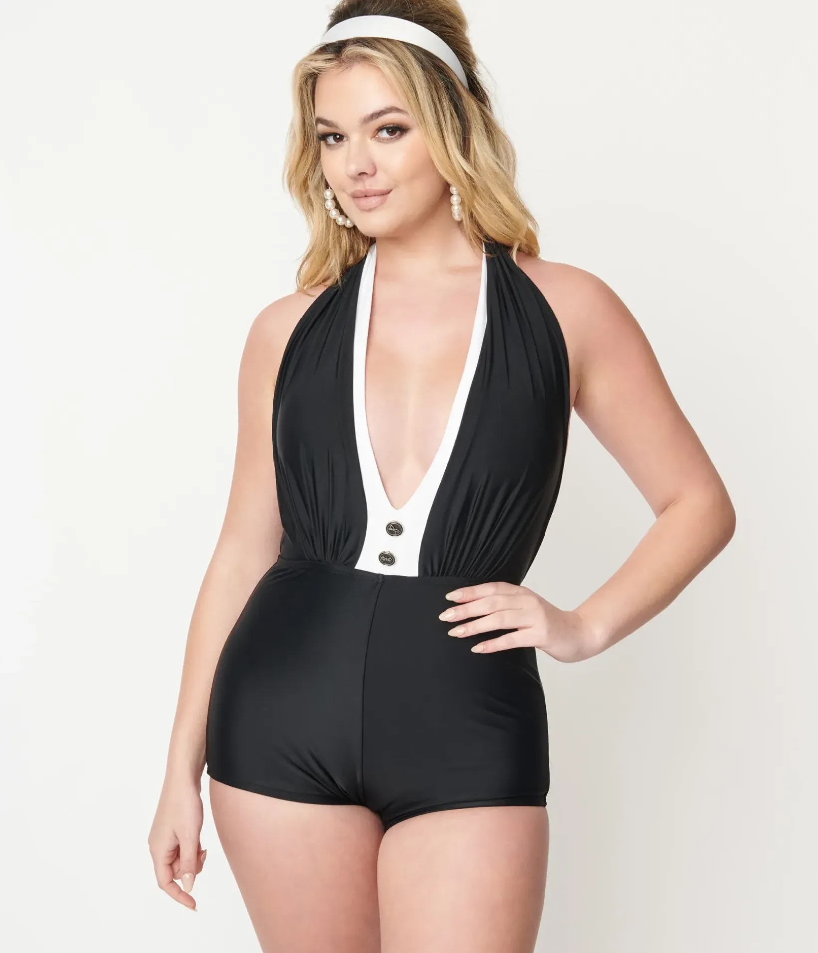 Unique Vintage One Piece Swim|All Things Black>Black & White Contrast Romper Swimsuit