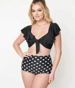 Unique Vintage Swim Bottoms|Two Piece Swim>Black & White Dotted Button High Waist Louise Swim Bottoms