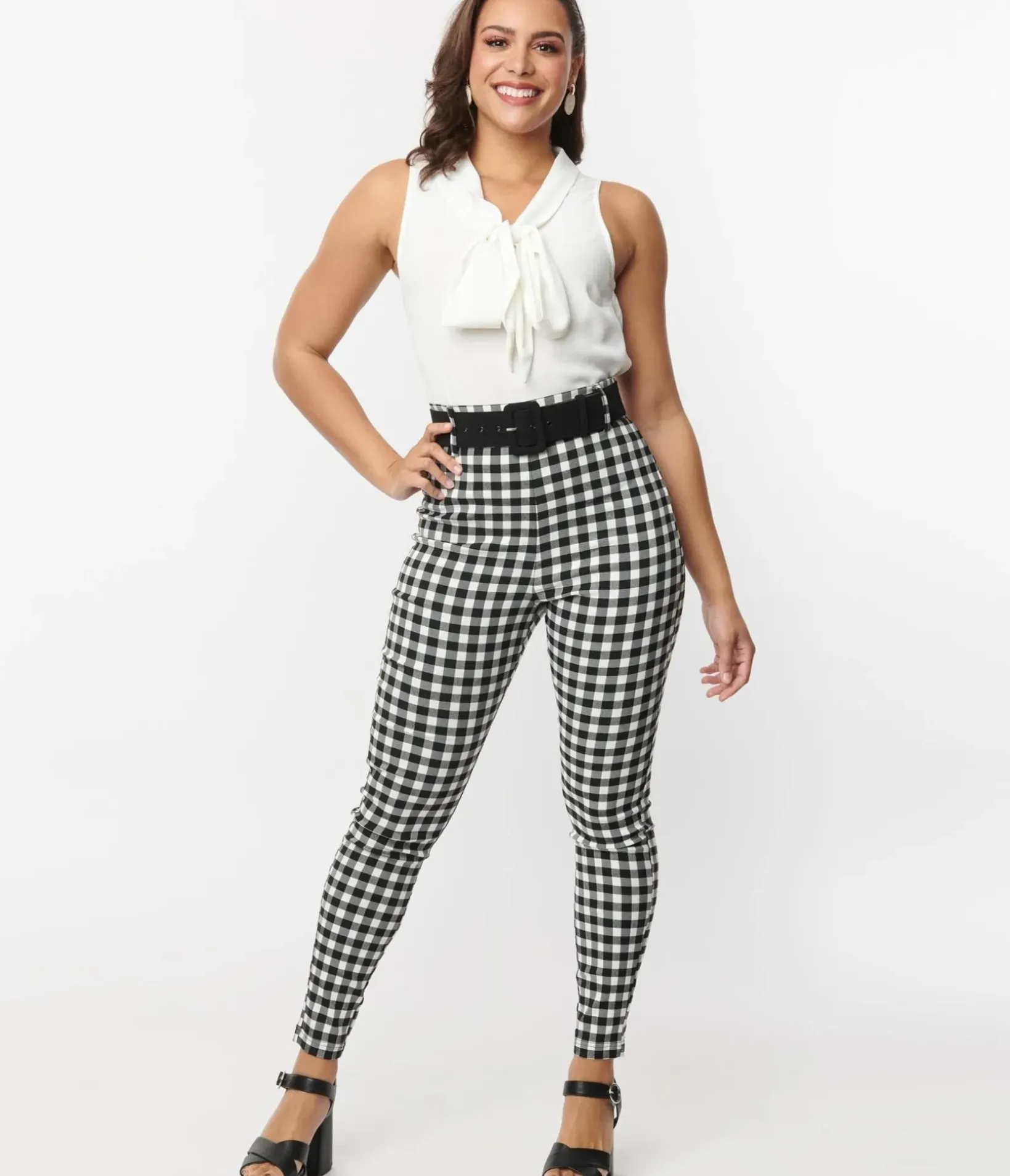 Unique Vintage Pants|All Things Black>Black & White Gingham Belted Rizzo Pants