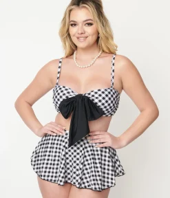 Unique Vintage Swim Tops|Two Piece Swim>Black & White Gingham Bow Rialto Bikini Top