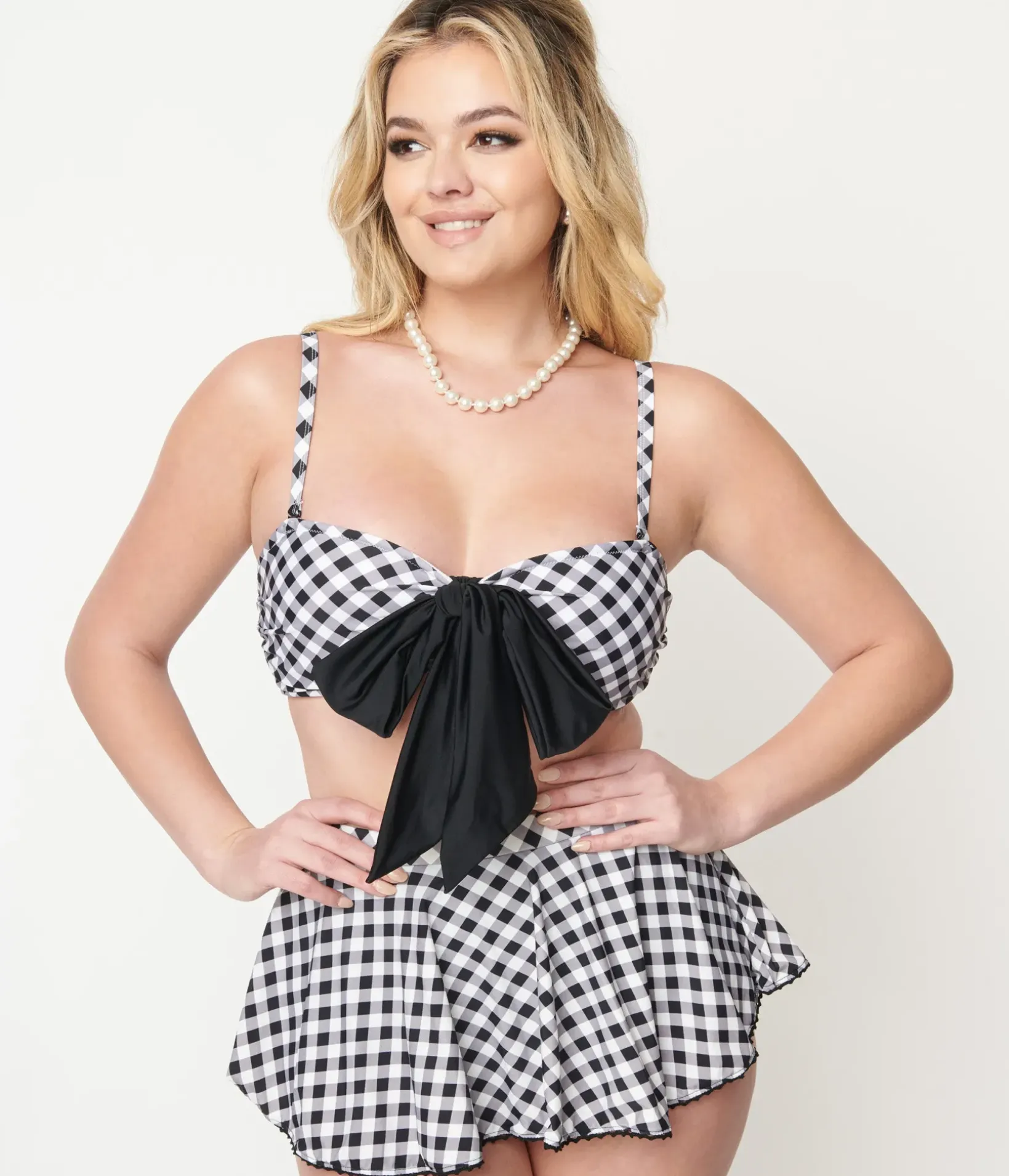 Unique Vintage Swim Tops|Two Piece Swim>Black & White Gingham Bow Rialto Bikini Top