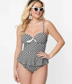 Unique Vintage Swim Bottoms>Black & White Gingham Daphne Swim Bottoms