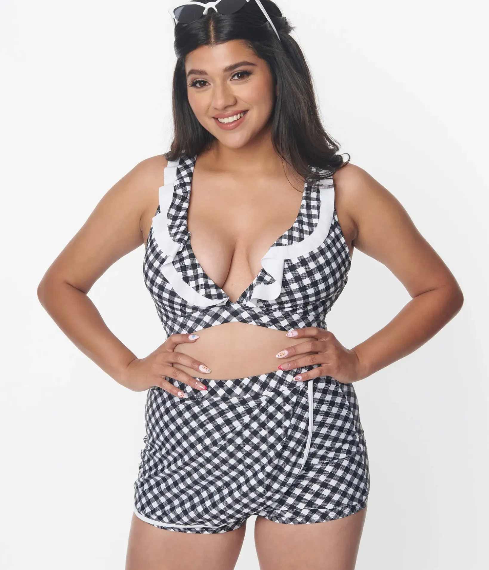 Unique Vintage Swim Tops|Two Piece Swim>Black & White Gingham Halter Swim Top