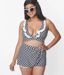 Unique Vintage Swim Bottoms|Two Piece Swim>Black & White Gingham High Waist Skort Swim Bottom