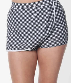 Unique Vintage Swim Bottoms|Two Piece Swim>Black & White Gingham High Waist Skort Swim Bottom