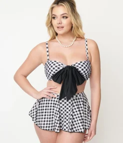 Unique Vintage Swim Bottoms|Two Piece Swim>Black & White Gingham Pin-Up Coronado Swim Skirt