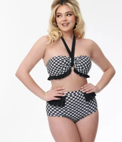 Unique Vintage Swim Bottoms|Two Piece Swim>Black & White Gingham Ruffle Swim Bottom
