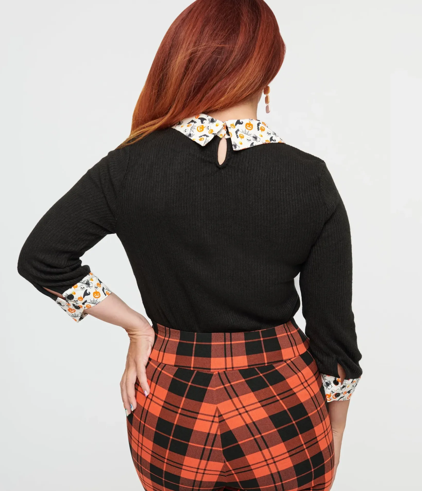 Unique Vintage Sweaters & Cardigans|All Things Black>Black & White Halloween Print Contrast Sabrina Sweater