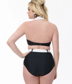 Unique Vintage Swim Tops|Two Piece Swim>Black & White Halter Swim Top