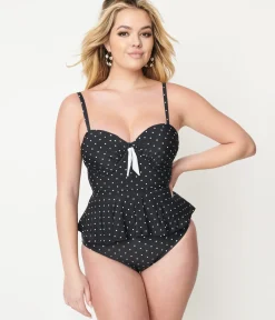 Unique Vintage Swim Tops|Two Piece Swim>Black & White Pin Dot Peplum Solana Tankini Swim Top