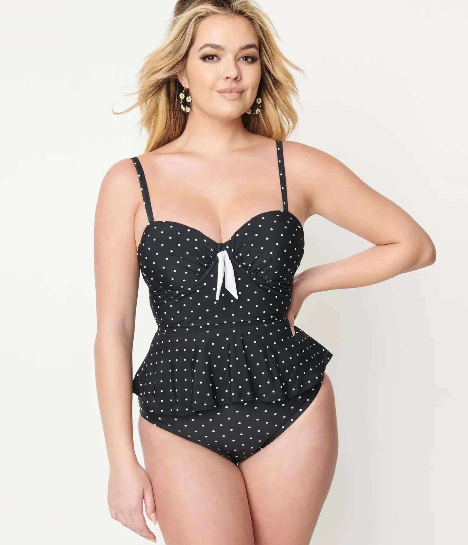 Unique Vintage Swim Tops|Two Piece Swim>Black & White Pin Dot Peplum Solana Tankini Swim Top