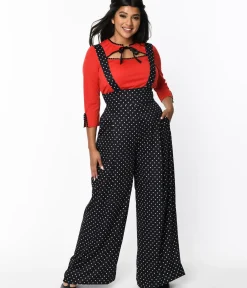 Unique Vintage Pants|All Things Black>Black & White Pin Dot Rochelle Suspender Pants
